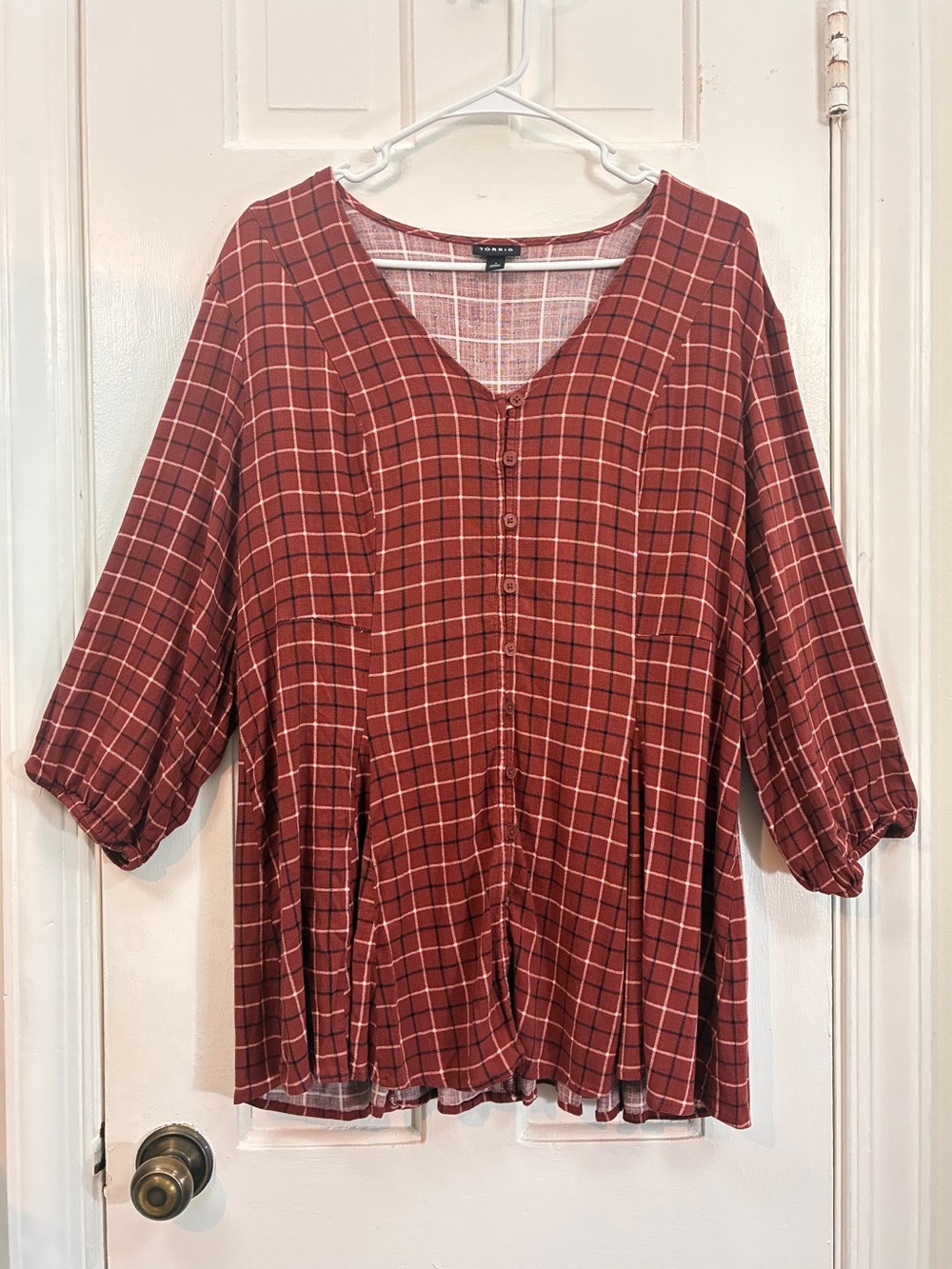 torrid Rust Red Windowpane Plaid V-Neck Button-Front Blouse Flowy Top size 1X